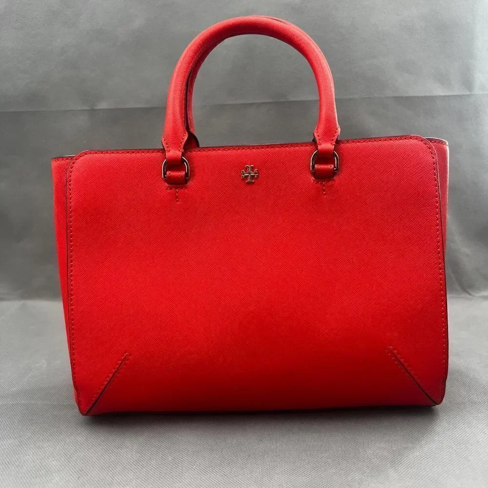 Tory Burch Poppy Orange Zip Emerson Saffiano Leather Satchel